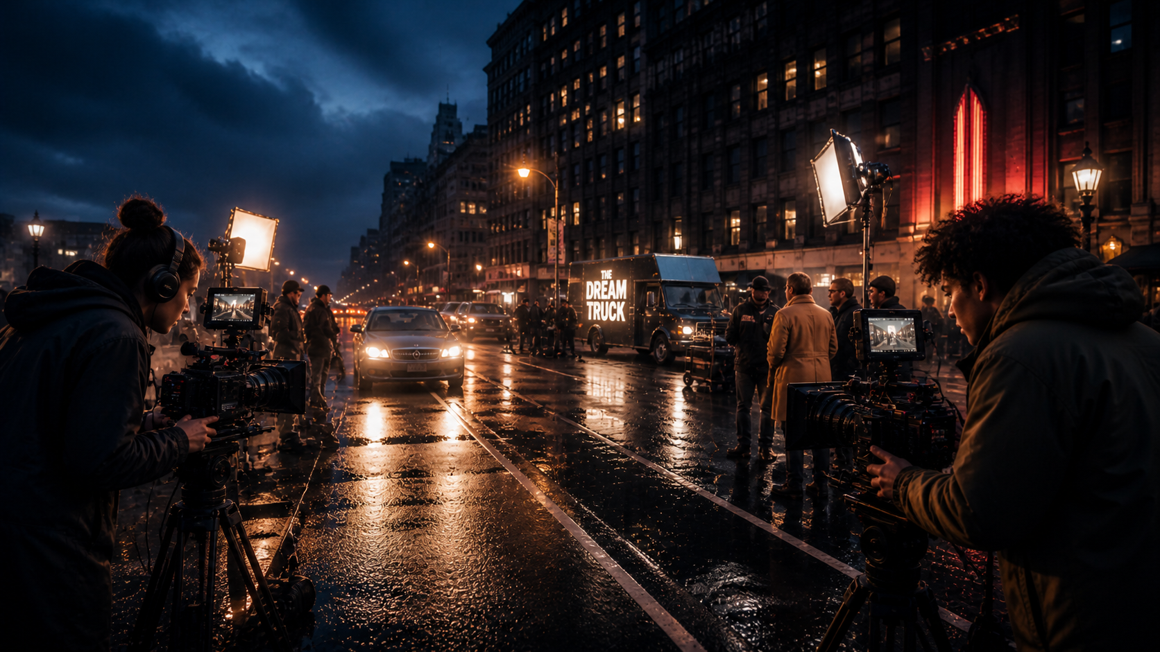Two filmmakers shoot competing scenes on a city street while the Dream Truck serves as their base.
